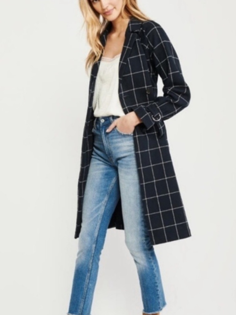 Abercrombie & Fitch Belted Double Breasted Trench Coat Windowpane Size Small S